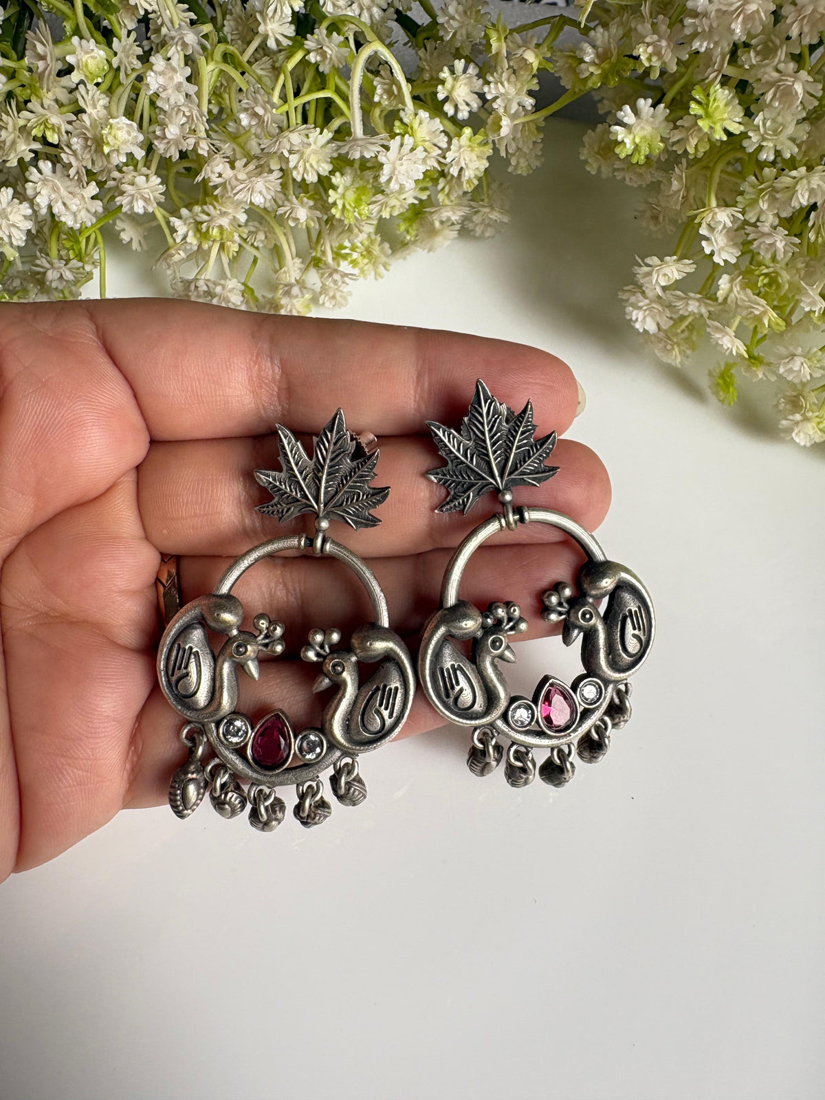 Kunjika Peacock German Silver Stone Earrings
