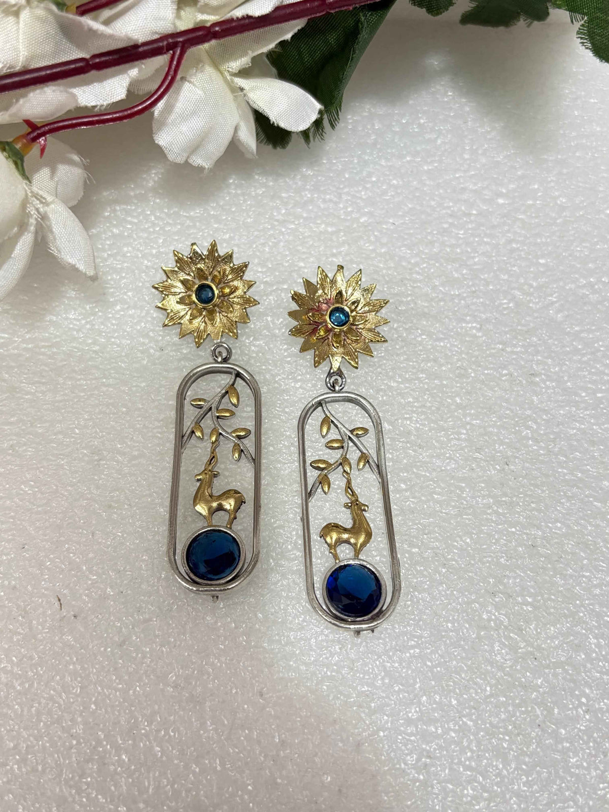 Dual Tone Deer Drop Earrings Silver Polish Stone Earrings