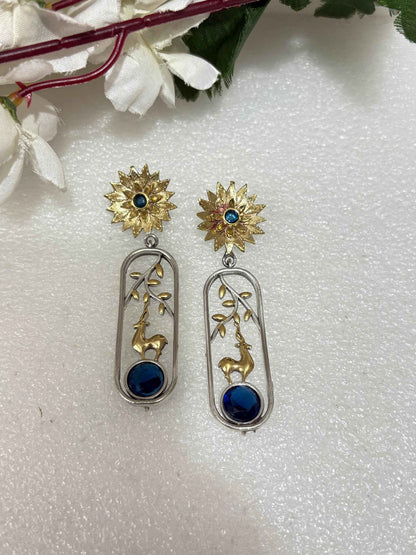 Dual Tone Deer Drop Earrings Silver Polish Stone Earrings