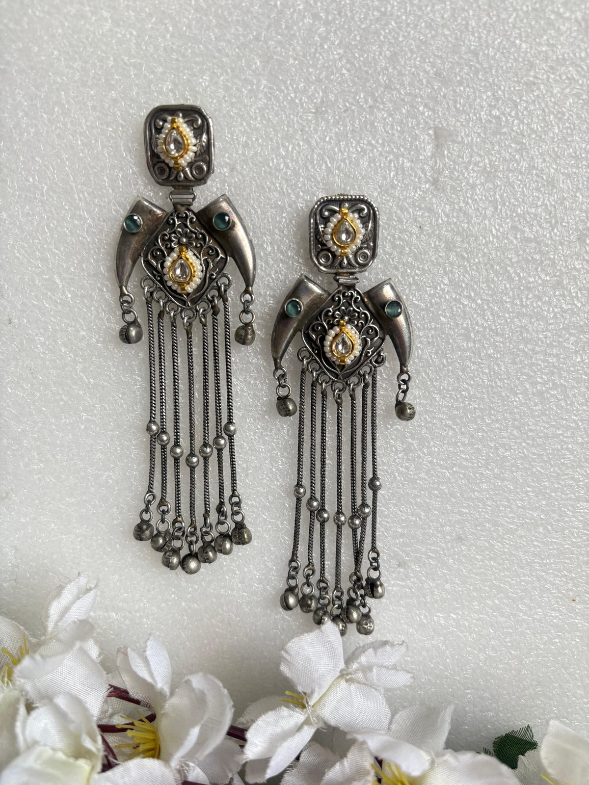 Zareen Kashmiri Tassel Statement Earrings
Handcrafted Antique Silver Long Earrings | Kundan & Pearl Tassel Earrings | Heritage Tribal Jewellery