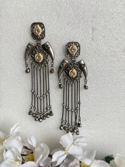 Zareen Kashmiri Tassel Statement Earrings
Handcrafted Antique Silver Long Earrings | Kundan & Pearl Tassel Earrings | Heritage Tribal Jewellery