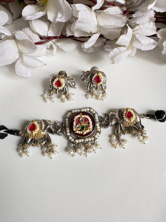 Gajraj Kundan Dual-Tone Necklace Set with Earrings | Elephant Motif Jewellery