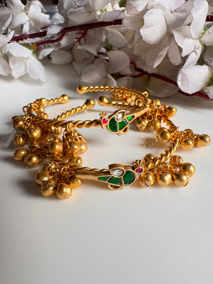 Pakshika Ghungharu Flexible Bangles | Gold Tone Kundan Fusion Bird Bangles for Women {PAIR} | Alankrent Luxe