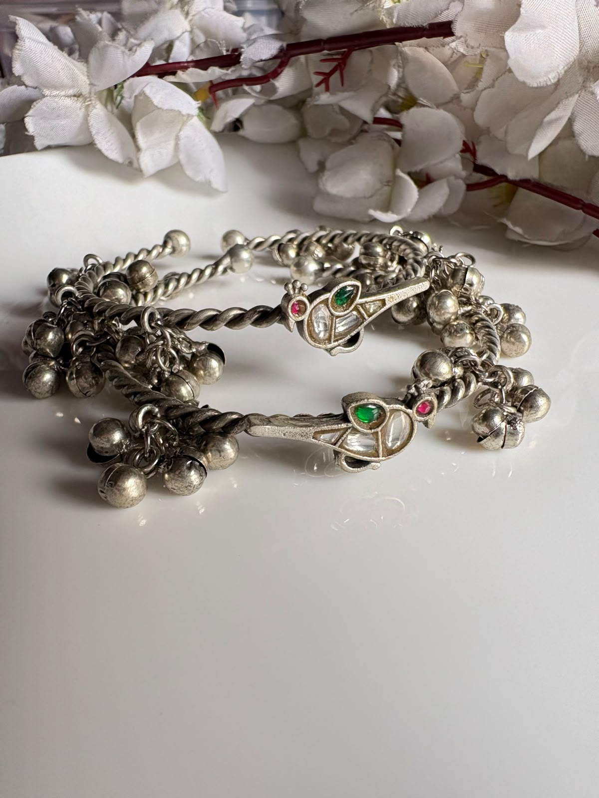 Pakshika Ghungharu Silver Tone Bangles | Flexible Bird Kundan Fusion Bangles for Women (Pair)| Alankrent Luxe