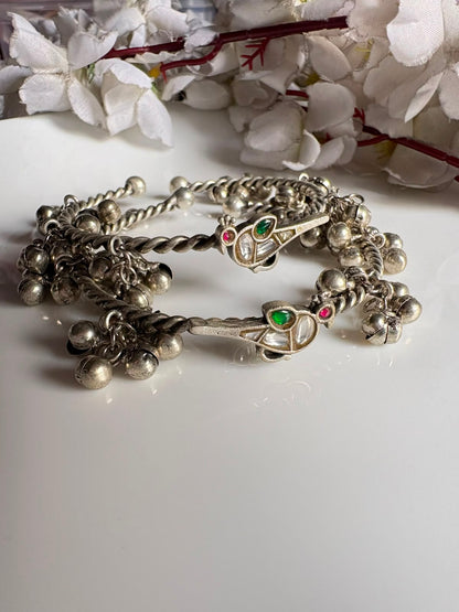 Pakshika Ghungharu Silver Tone Bangles | Flexible Bird Kundan Fusion Bangles for Women (Pair)| Alankrent Luxe
