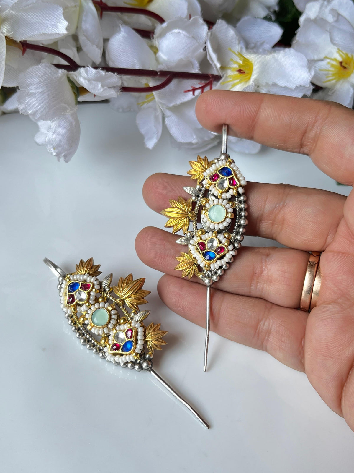 Stone Floral Meenakari Earcuff Handcrafted Traditional Trendy Ear Jewellery Alankrent Luxe by Alankrent