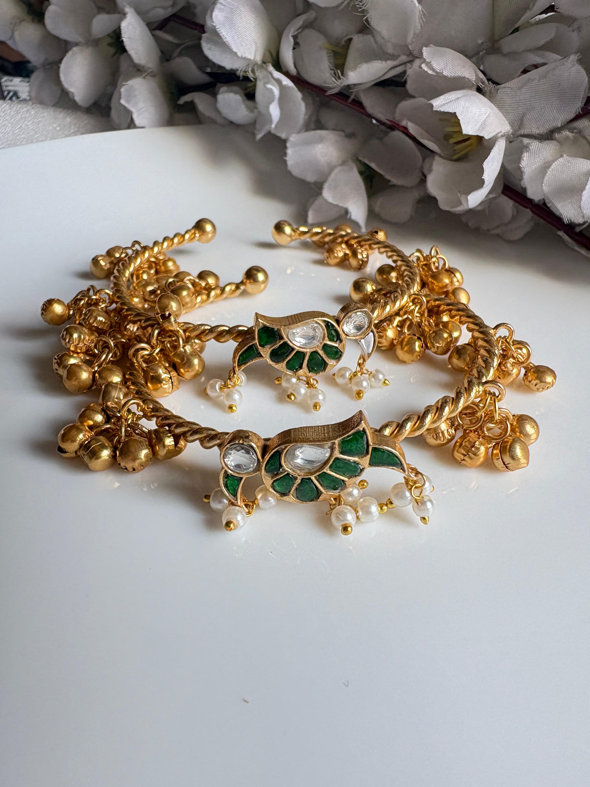 Mayurika Kundan Fusion Ghungroo Bangles | Golden Flexible Adjustable Bangles for Women