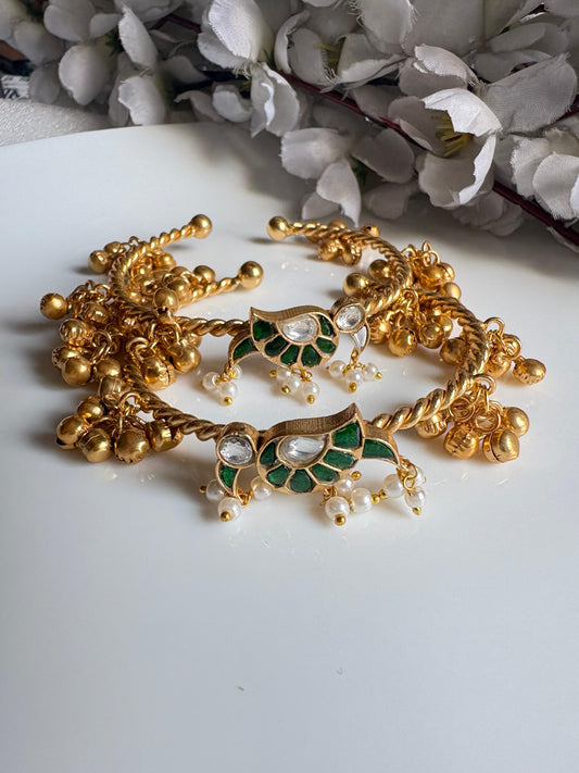 Mayurika Kundan Fusion Ghungroo Bangles | Golden Flexible Adjustable Bangles for Women