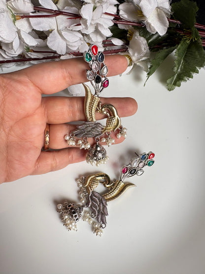 Mayurika Dual-Tone Peacock Jhumka Earrings | Indian Peacock Statement Jhumka Jewellery