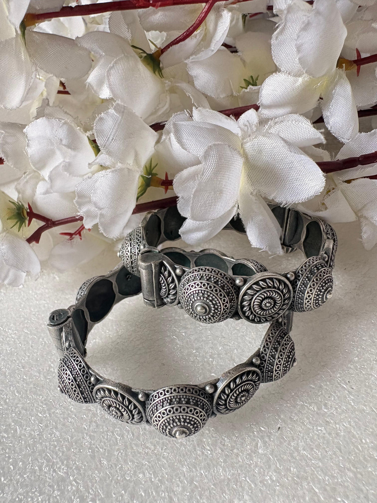 Sla Look Silver Kada Bracelet Dual Tone Handcrafted Statement Bangle by Alankrent