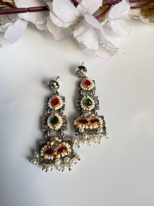 Kundan Silver Lookalike Fusion Earrings with Pearl Drops | Traditional Statement Earrings by Alankrent