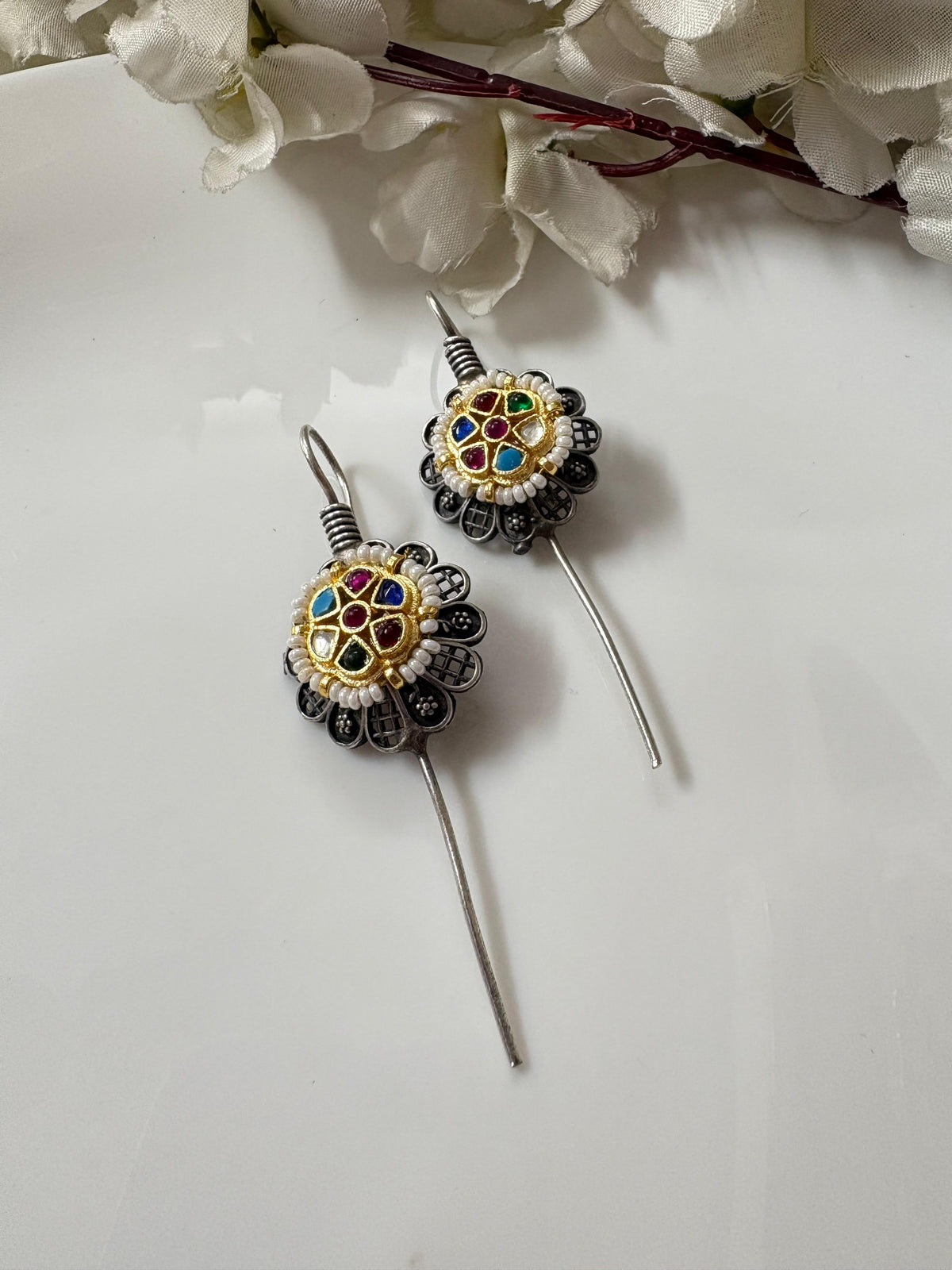Navratna Gulnaar SLA Needle Earrings – Antique Kundan Fusion Floral Statement Earrings