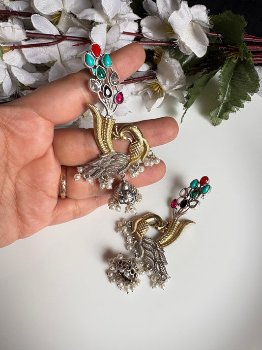 Mayurika Dual-Tone Peacock Jhumka Earrings | Indian Peacock Statement Jhumka Jewellery