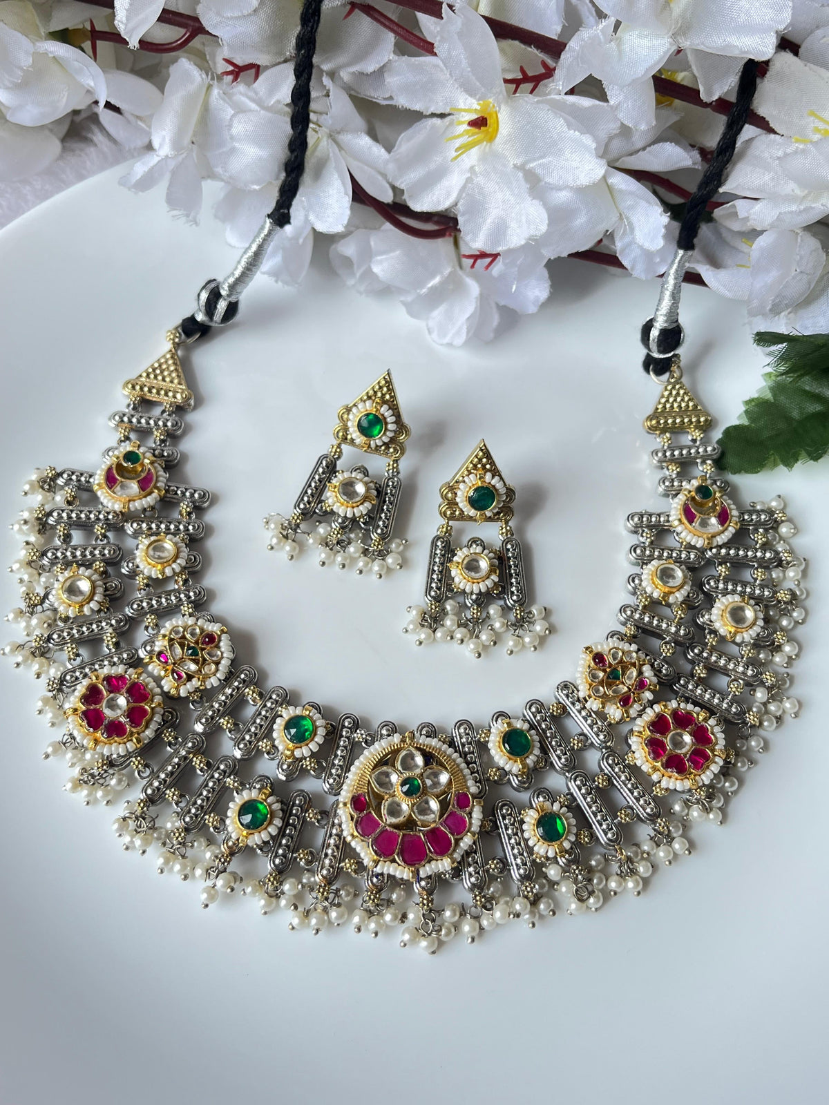 Silver Lookalike Dualtone Double Layered Necklace With Kundan Fusion Earrings by Alankrent