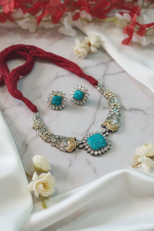 Meenakshi Kundan Hasli Necklace Set | Turquoise & White / White Ruby