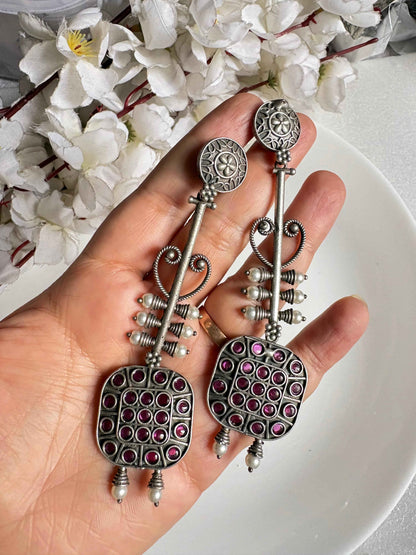 Premium Oxidised Long Stone Earrings for Women | Statement Traditional Dangler Earrings | Ethnic Jewellery