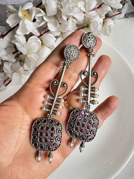 Premium Oxidised Long Stone Earrings for Women | Statement Traditional Dangler Earrings | Ethnic Jewellery