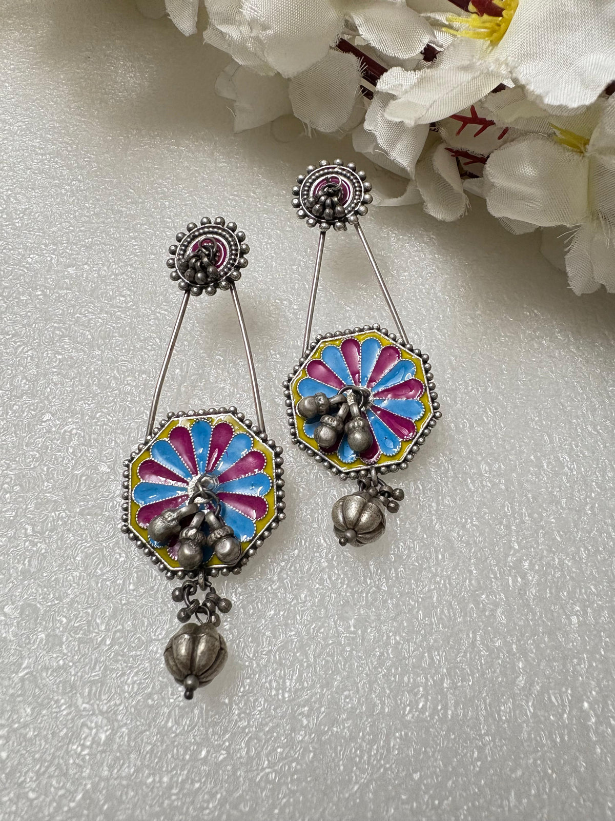Hand-Painted Antique Ghungroo Drop Earrings
Handcrafted Enamel Earrings | Antique Silver Statement Earrings | Artisan Festive Jewellery