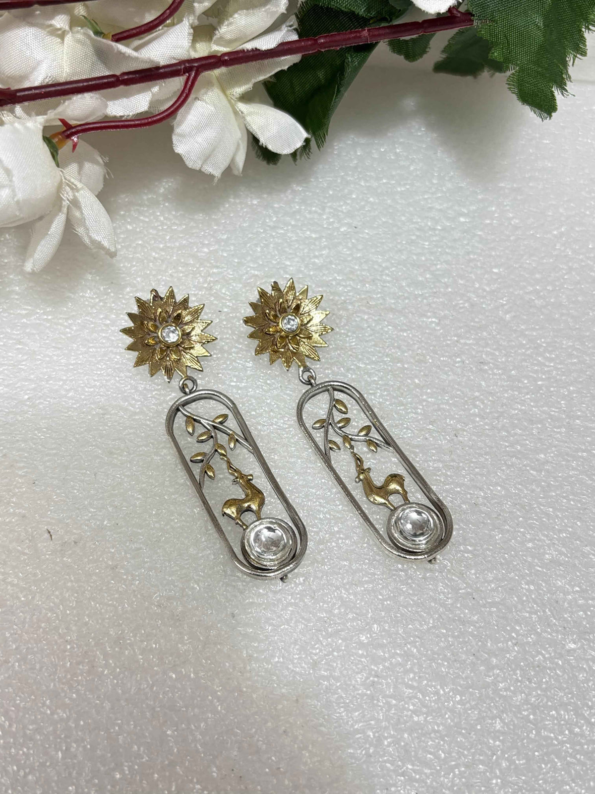 Dual Tone Deer Drop Earrings Silver Polish Stone Earrings