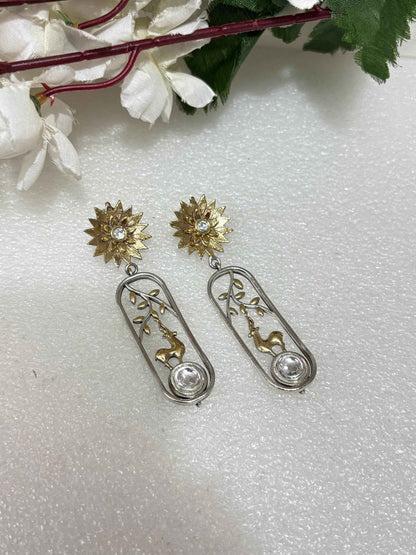 Dual Tone Deer Drop Earrings Silver Polish Stone Earrings