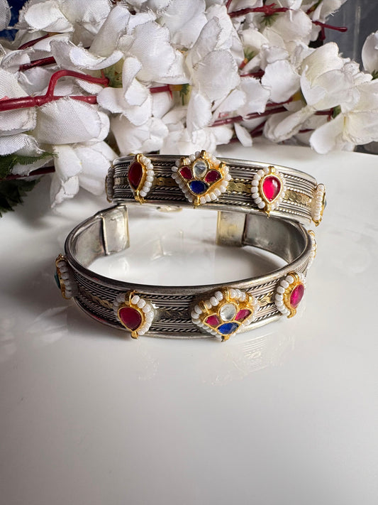 Rajvika Premium Kundan Fusion Dual Tone German Silver Flexible Handcuff Kada(Pair) | Brass Based Adjustable Cuff Bracelet for Women