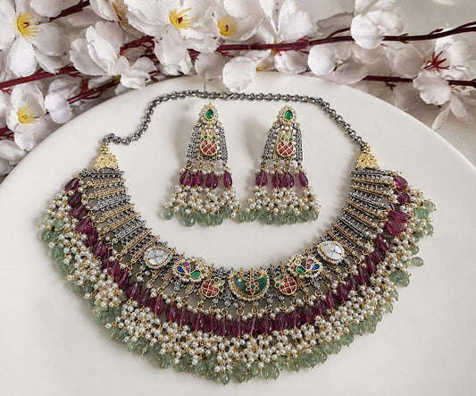 Rajsi Meher Dual Tone Kundan Fusion Statement Necklace Set with Earrings – Premium SLA Bridal Jewellery for Women