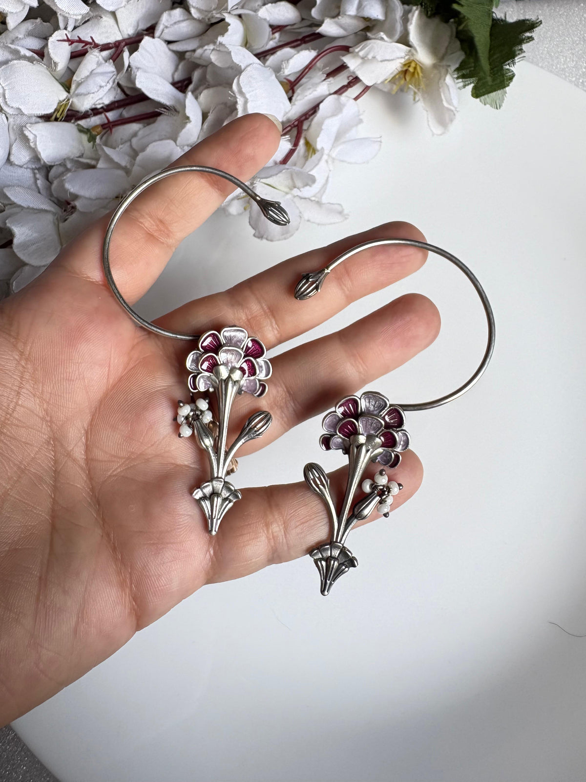 Pushpika Premium SLA Ear Cuff Earrings – Floral Fusion Statement Earcuffs with Pearl Detailing
