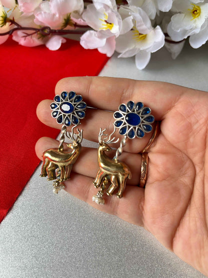 Stone SLA Dual Tone Deer Earrings Blue and Green Variant Kundan Style Statement Earrings Alankrent