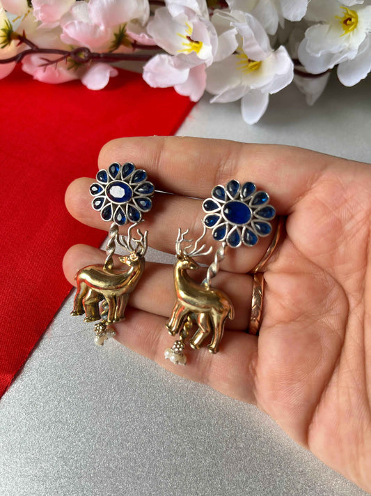 Stone SLA Dual Tone Deer Earrings Blue and Green Variant Kundan Style Statement Earrings Alankrent