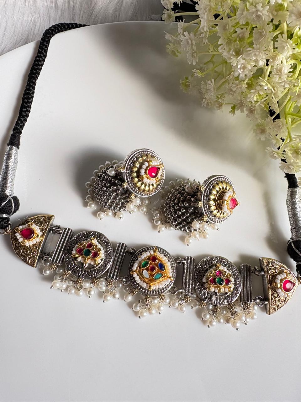 Rangrez Kundan Thread Choker with Jhumka Earrings | Brass Base Pachi Kundan Imitation Jewellery