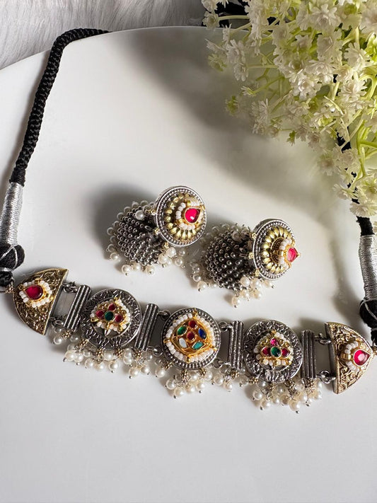 Rangrez Kundan Thread Choker with Jhumka Earrings | Brass Base Pachi Kundan Imitation Jewellery