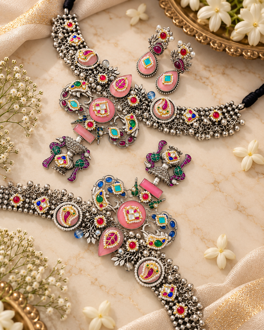 Rajhansini Rangika Multicolour Kundan Meenakari Necklace Set with Matching Earrings |  Silver Indian Jewellery
