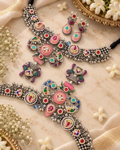 Rajhansini Rangika Multicolour Kundan Meenakari Necklace Set with Matching Earrings |  Silver Indian Jewellery