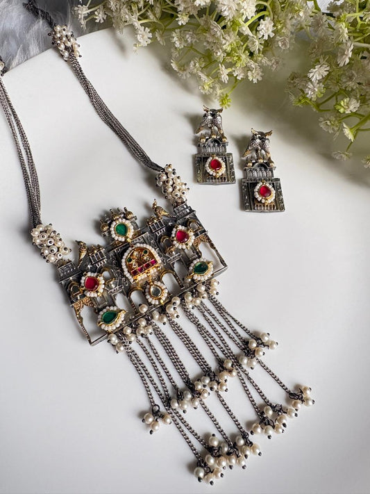 Mrinalika Thread Kundan Fusion Long Necklace Set | SLA Polish Brass Jewellery with Earrings