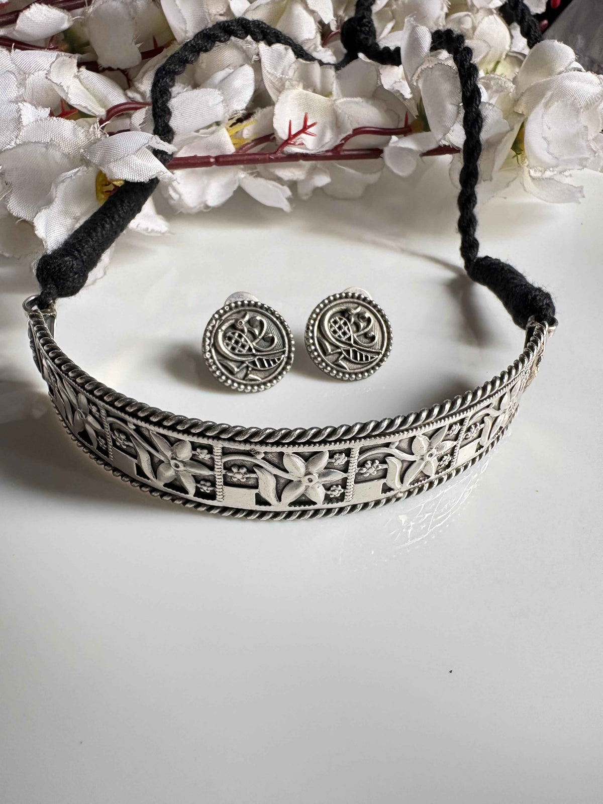Premium Oxidised Floral Choker Necklace Set with Round Earrings Silver Look Traditional Jewellery for Women
