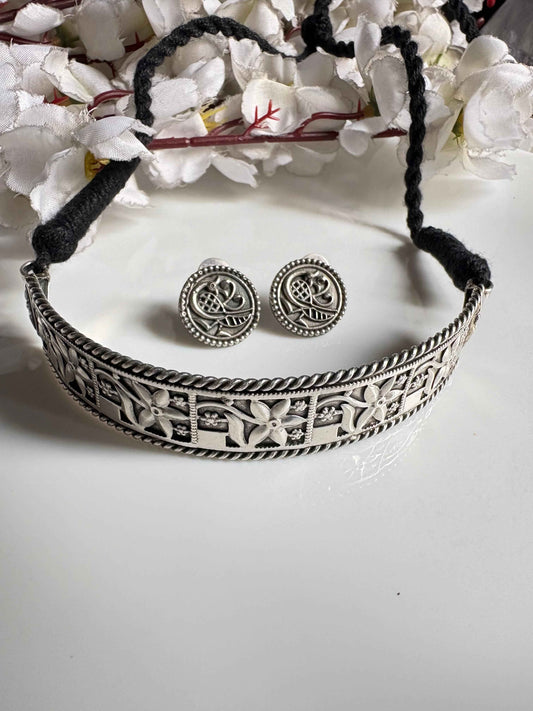 Premium Oxidised Floral Choker Necklace Set with Round Earrings Silver Look Traditional Jewellery for Women