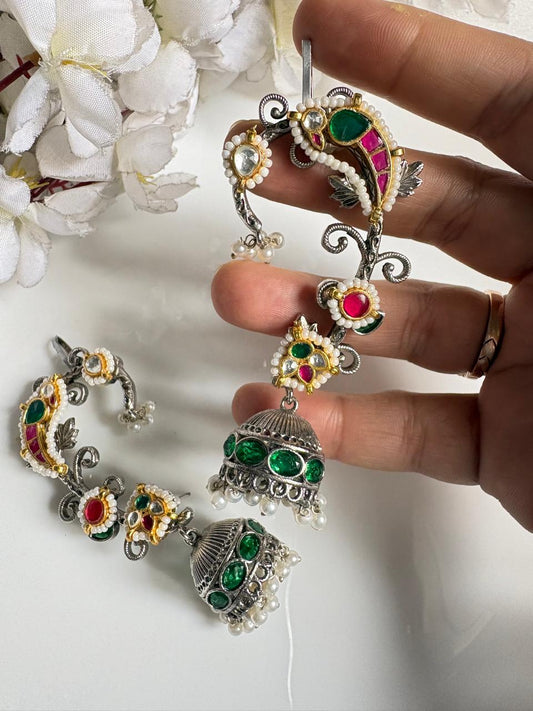 Rajsi Mayur Pachi Kundan Fusion SLA Ear Cuff Earrings with Pearl Jhumkas | Designer Peacock Ear Cuffs for Women