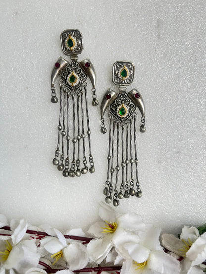 Zareen Kashmiri Tassel Statement Earrings
Handcrafted Antique Silver Long Earrings | Kundan & Pearl Tassel Earrings | Heritage Tribal Jewellery