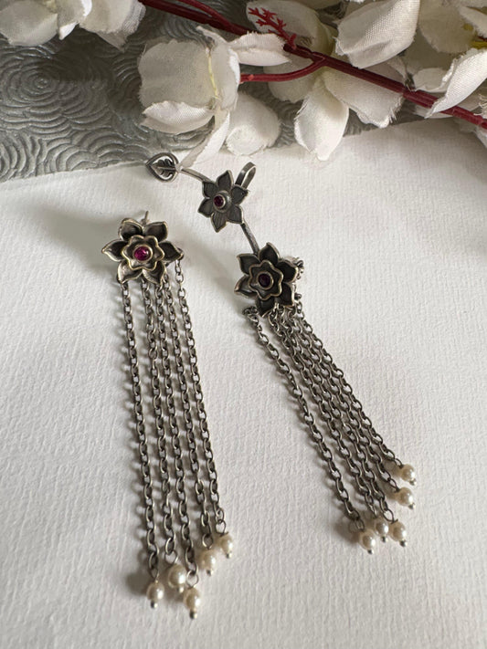 Phooljaal Stone Tassel Bugadi Ear Cuff with Pearl Drops Premium SLA Jewellery