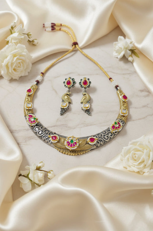 Rajvanshi Dual Tone Kundan Fusion Hasli Necklace Set with Earrings – Premium Brass Statement Traditional Jewellery for Women