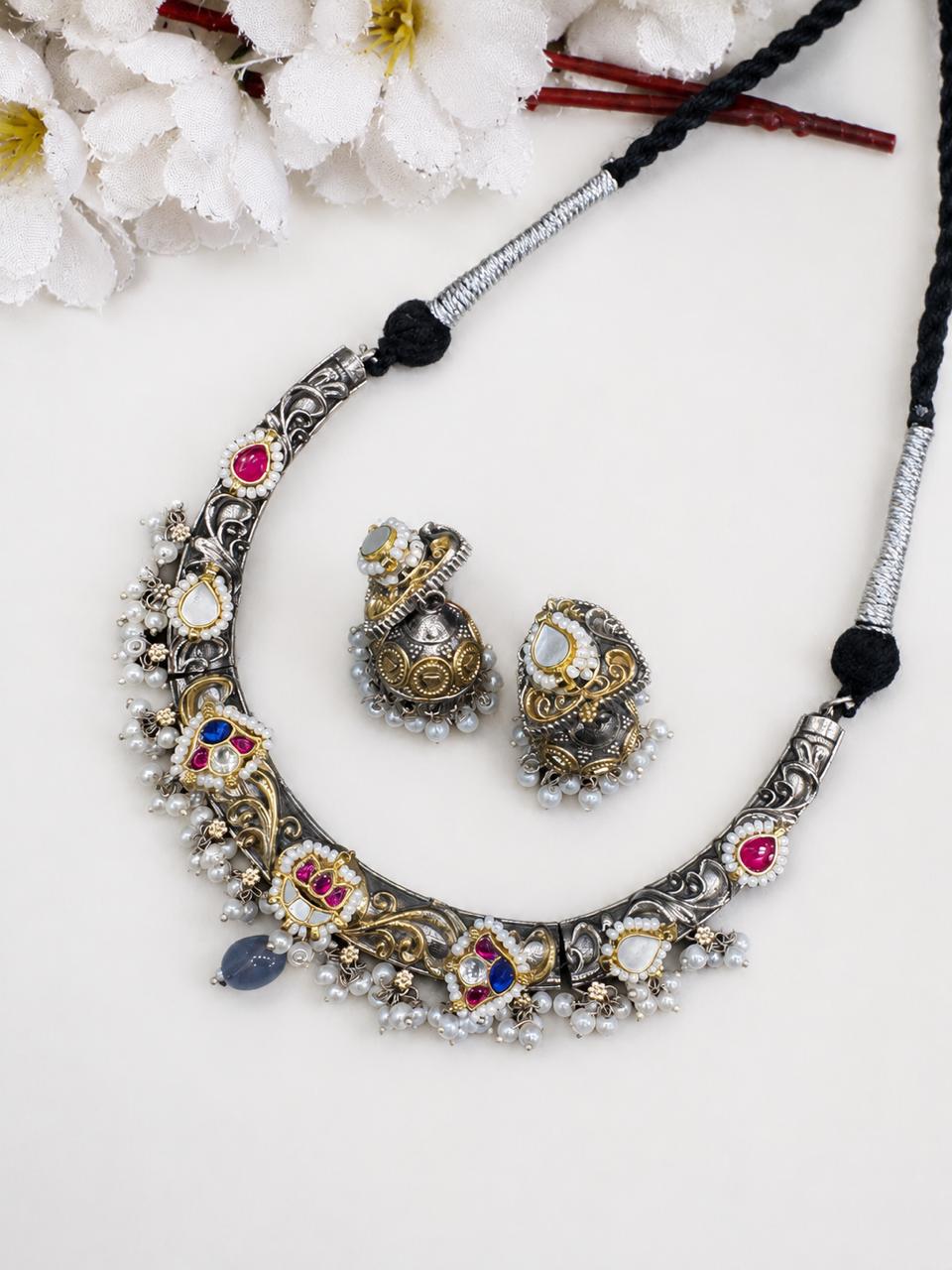 Svarnika SLA Kundan Fusion Hasli Necklace Set with Designer Jhumka Earrings | Dual Tone Heritage Jewellery | Ready Stock