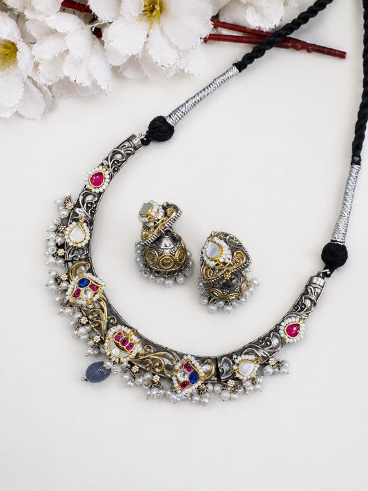 Svarnika SLA Kundan Fusion Hasli Necklace Set with Designer Jhumka Earrings | Dual Tone Heritage Jewellery | Ready Stock