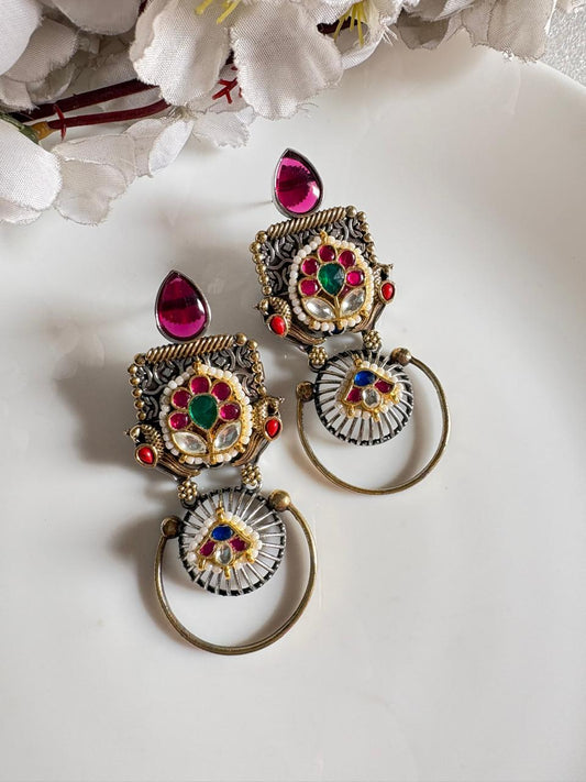 Dual Tone Kundan Fusion Statement Earrings with Multicolor Stones | Alankrent by Alankrent