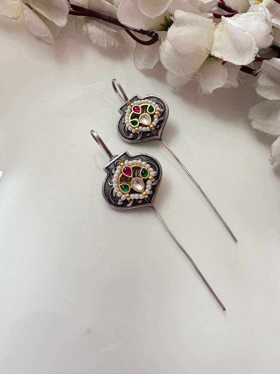 SLA Silver Needle Ear Cuffs with Kundan Fusion | Minimal Heritage Statement Earrings | Alankrent Luxe by Alankrent