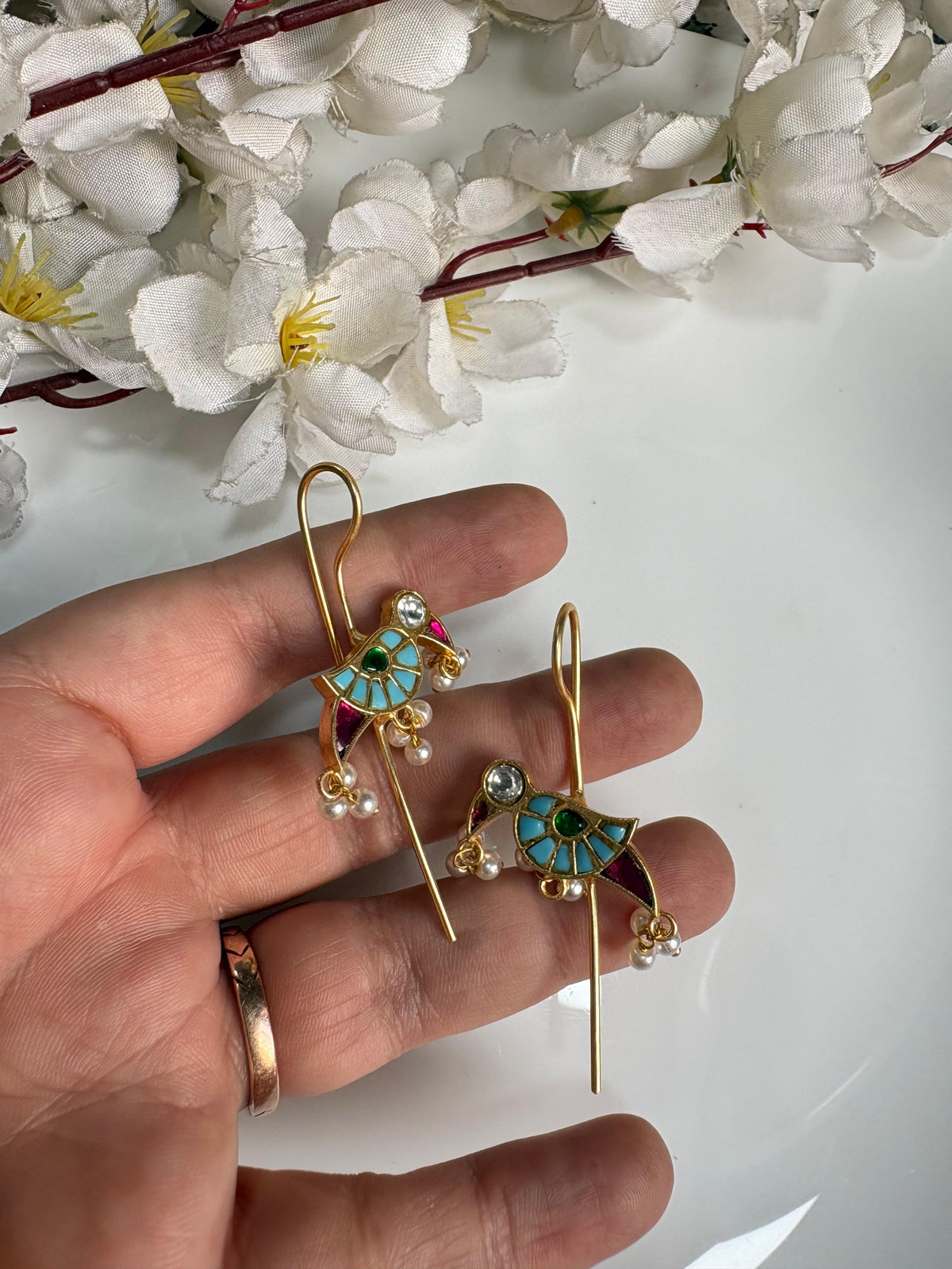 Mayuri Pakhi SLA Needle Earrings – Handcrafted Bird Motif Kundan Fusion Pearl Earrings
