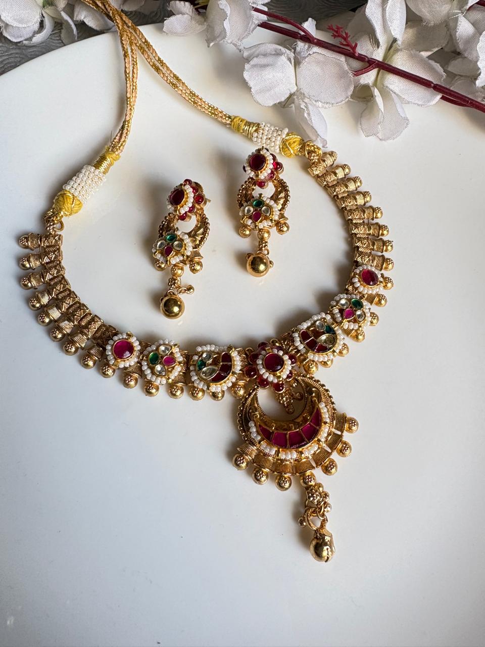 Ruby Green Temple Kundan Gold Matt Necklace Set with Earrings | Budget Festive Jewellery by Alankrent