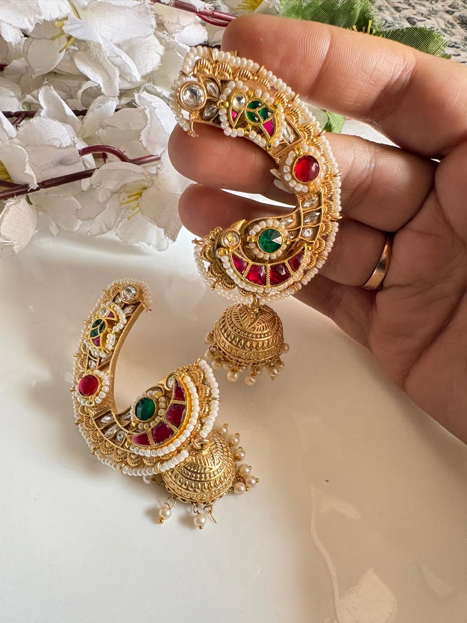 Gold Temple Kundan Ear Cuffs with Pearl Border & Dome Jhumka | Bridal Statement Earrings | Alankrent Luxe by Alankrent