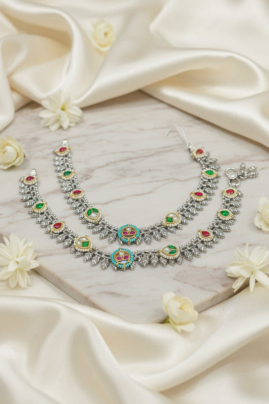 Vanya German Silver Kundan Leaf Payal | Traditional Anklet for Women