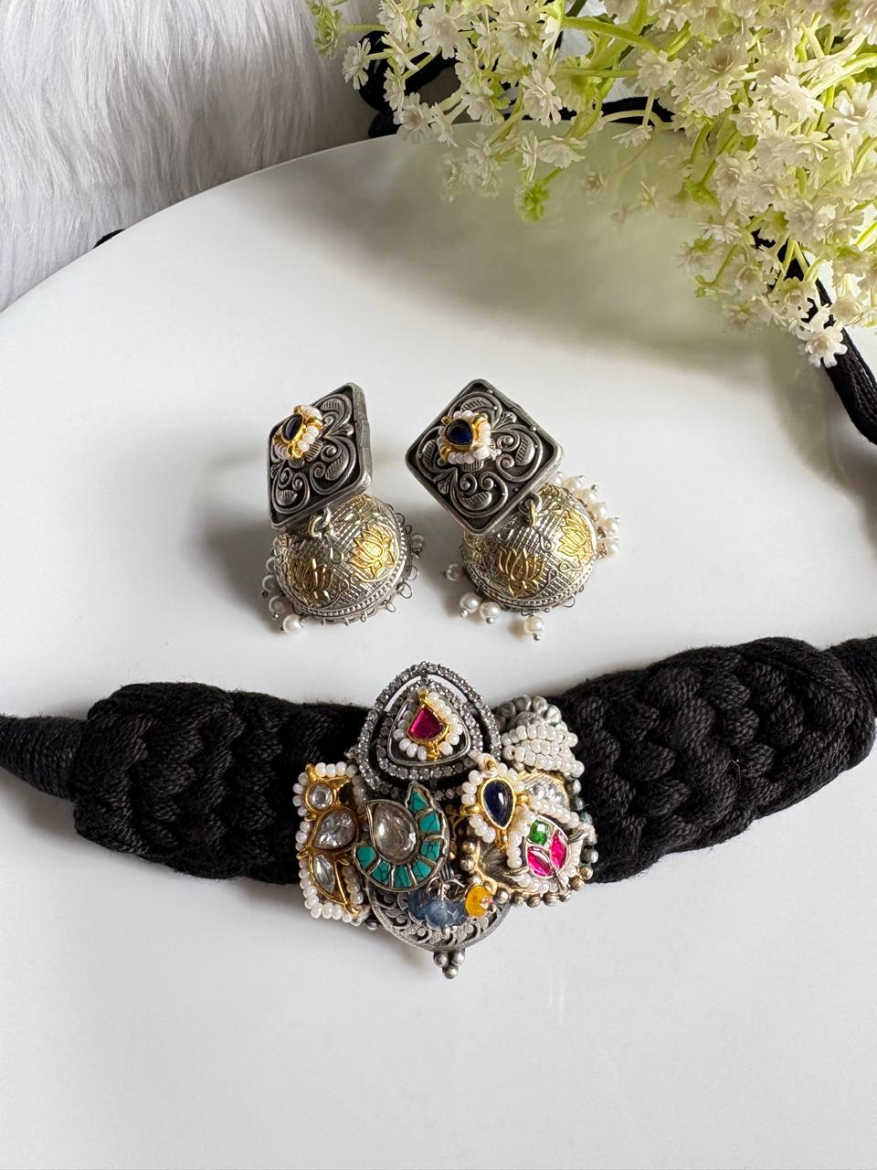 Arohi Kundan Thread Statement Jewellery Set | Pachi Kundan Brass Base Imitation Jewellery for Navratri