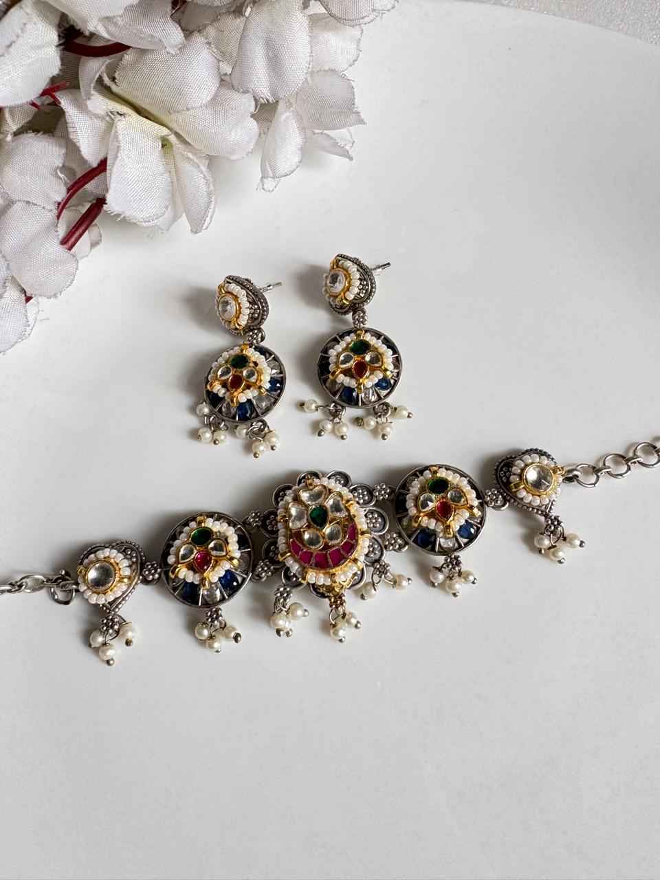 Morvani Premium SLA Dualtone Peacock Choker Necklace with Kundan Fusion and Earrings for Women